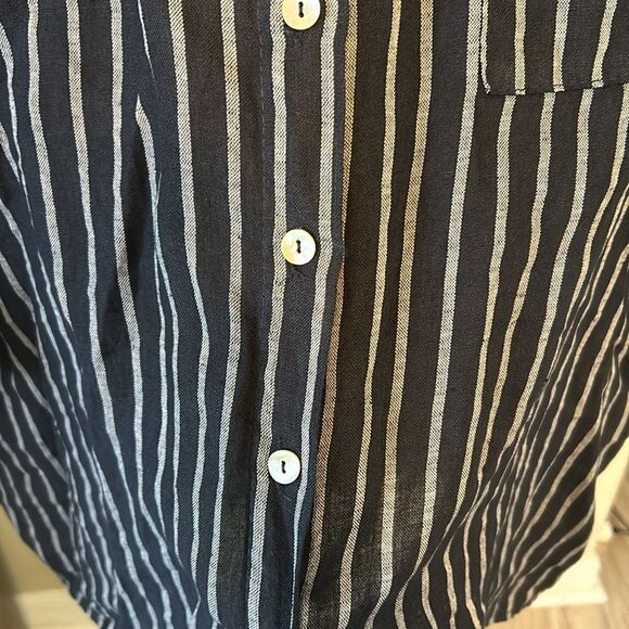 Made in Italy Blue White Striped Half 3/4 Sleeve Button Up Shirt - Picture 3 of 7